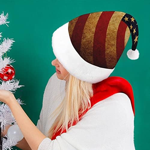Bandeira vintage dos EUA, chapéu de natal de pelúcia, safada e bonitos chapéus de Papai Noel com borda de pelúcia