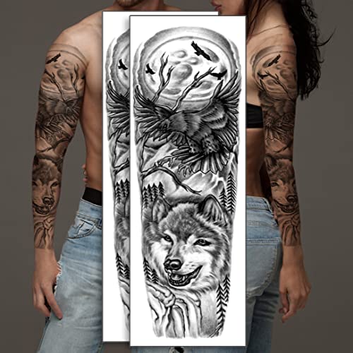 Tatuagem temporária de braço completo 2 PCs, adesivos sexy 3D de tatuagem falsa extra grande longa durar a manga de tatuagem de lobos à prova d'água, para os braços ombros para mulheres adultas homens adolescentes adolescentes