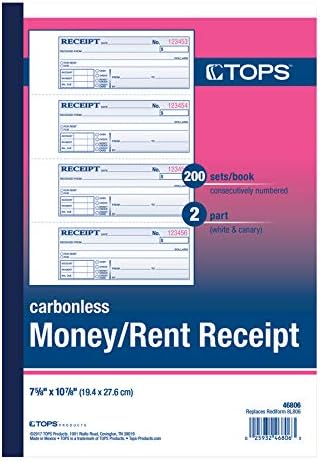 Tops Livro de recibo de dinheiro/aluguel, 2 partes, sem carbono, 11 x 7-5/8 polegadas, 4 recibos/página, 200