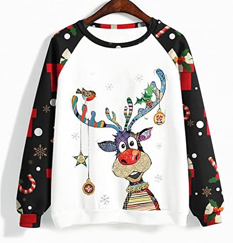 Bloco de cores feminino Raglan Pullover de Natal Crewneck Sweatshirt Direta de manga longa Camisas casuais de férias