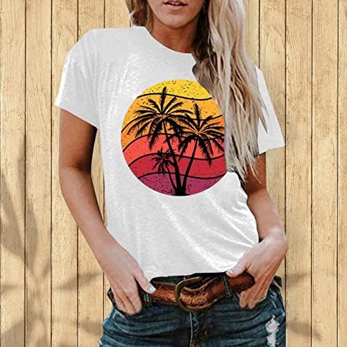 T-shirt de manga curta feminina Palm Tree Print Graphic Top Women Women Summer Beach Tops