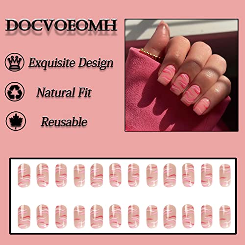 Pressione as unhas curtas quadradas médias docvoeomh, kit de unhas falsas rosa nu com design