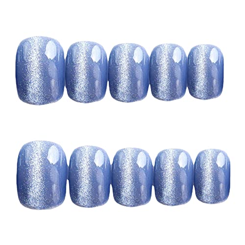 Glitter Blue Pressione As unhas cola francesa curta em unhas falsas azuis brilhantes Tampa completa