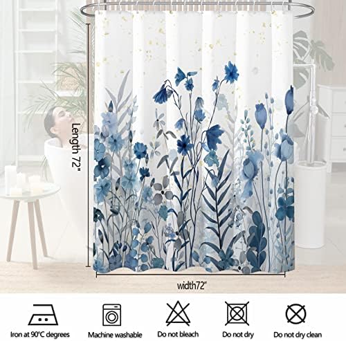 Cortina de chuveiro floral azul decoração, flores azuis azuis exuberante cortinas de chuveiro de banho com 12