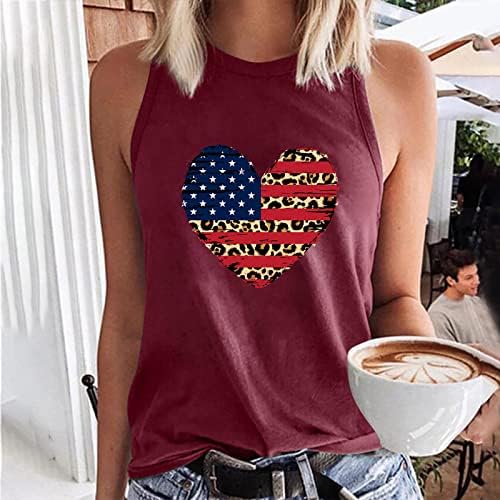 Tampa de tanque de bandeira americana fofa para mulheres de verão, camisetas com leopardo de