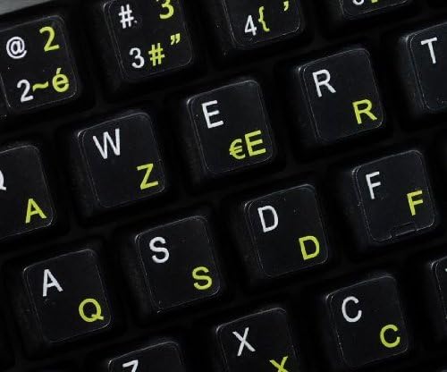Etiquetas de teclado francês Azerty com letras amarelas em fundo transparente
