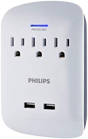Extender Philips 3-Outlet com protetor de pura por porta de 2-USB, 2 pacote, estação de carregamento, 900