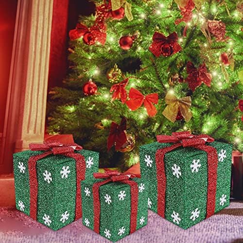 Caixas de presente iluminadas LED Decorações de Natal, caixas iluminadas transparentes com arco,