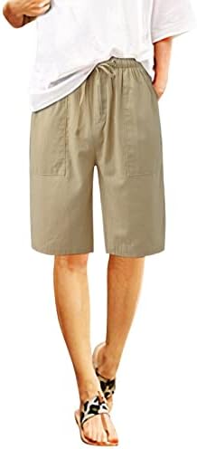 Shorts de verão femininos de cintura alta elástico de cor sólida linho Bowknot com cinto Bermuda