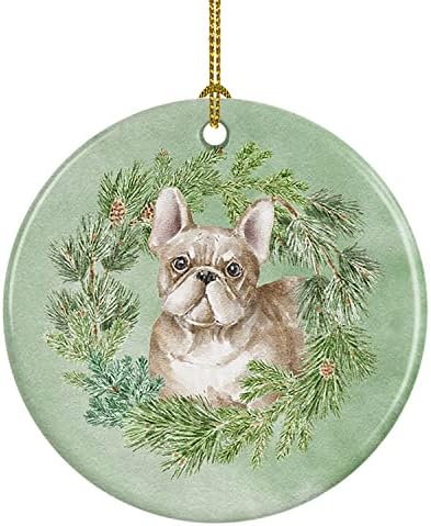 Tesouros de Caroline CK8800CO1 Bulldog francês Fird Fawn Christmas Wreath Cerâmica Ornamento, decorações