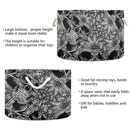 Grande cesta de armazenamento redondo - Black White Tattoo Skull Canvas de lavanderia Torno de armazenamento