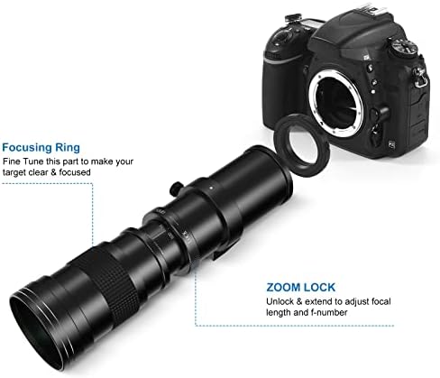 LightDow 420-800mm f/8.3 Zoom manual Super Lente telefoto + T Ring de montagem para Sony Alpha A9 A7S