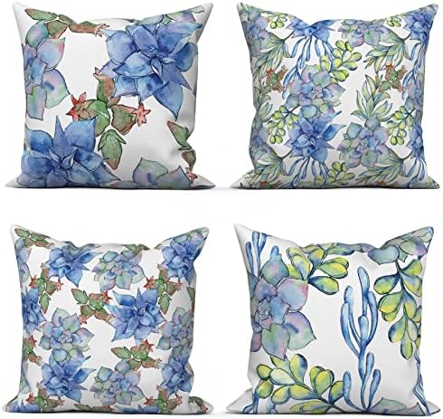 JNWKGN Blue Floral Pillow Capas de 18x18 polegadas de 4, aquarela Flores azuis Folhas verdes Capas do travesseiro,