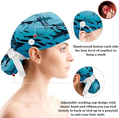 Capas de tampa médica Baice de trabalho ajustável com botões e tubarões e peixes marinhos de cabelo