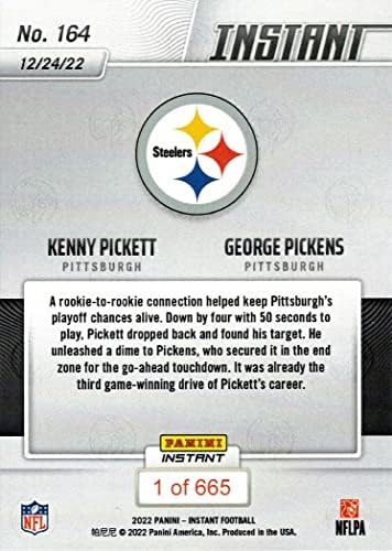 2022 Panini Instant Football 164 Kenny Pickett e George Pickens ROOKIE CARD STEELERS - Apenas 665 feitos
