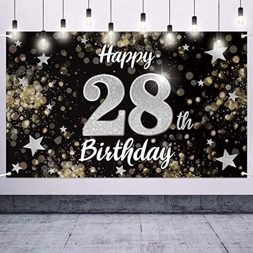 Nelbiirth Feliz 28º aniversário Black & Silver Star Banner Large - Cheers a 28 anos de idade, cenário