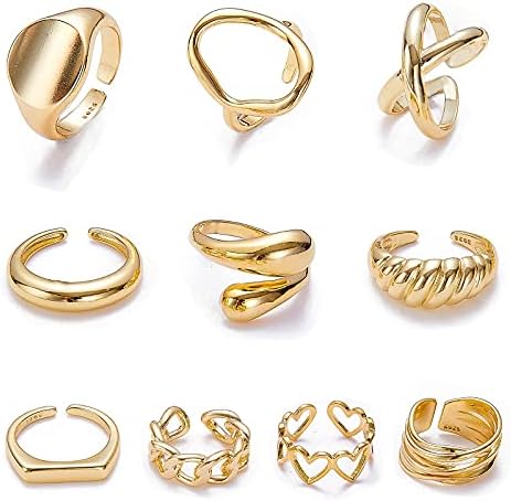 Moroya 10pcs Dome Gold Dome rings rings para mulheres 18k Gold Braed Twisted Twisted Round Sinete