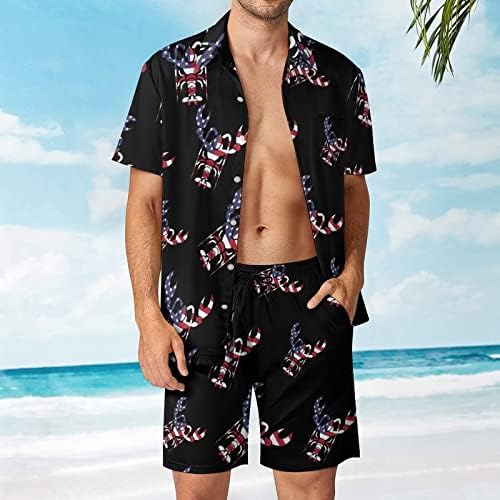 American Flag Lobster Hawaiian Button-Down Camisetas de manga curta e calça roupas de praia de verão