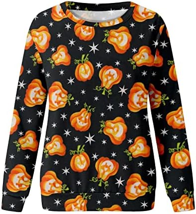 Camisas de Halloween de Beuu para mulheres de pescoço redondo de manga comprida Pumpkin and Cat Print