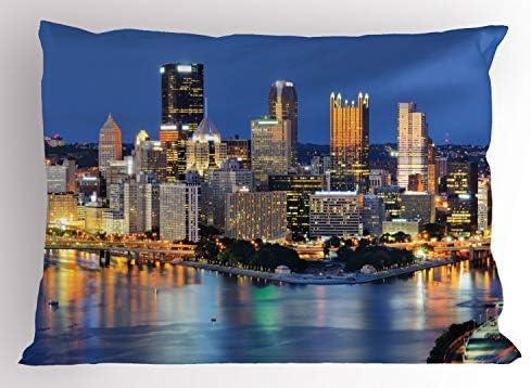 Ambesonne City Pittsburgh Pillow Sham, cena noturna de arranha -céus no centro da Pensilvânia, movimentada vida