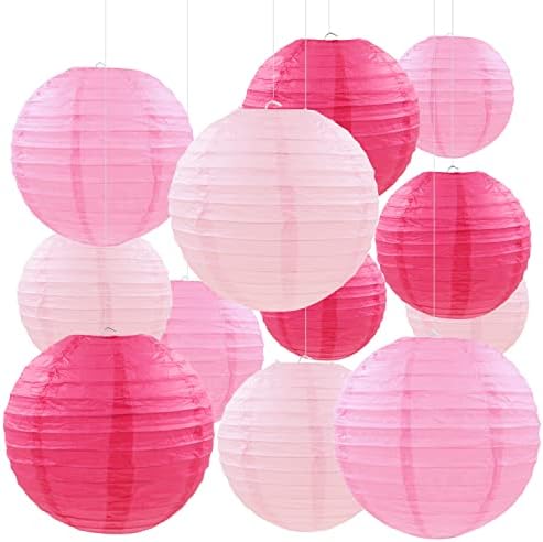 Pheila 12 PCs Pink Party Paper Lanterns Decorações românticas Rose Red e Pink Round Chinese Lanterns