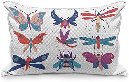 Ambesonne Dragonfly acolchoada na capa de travesseira, insetos alados coloridas