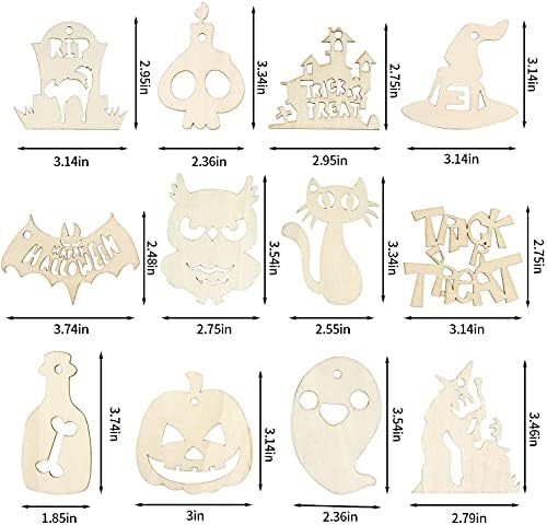 Lokipa Halloween Slice de madeira, 60 recortes em branco Ornamentos de madeira inacabados Ornamentos