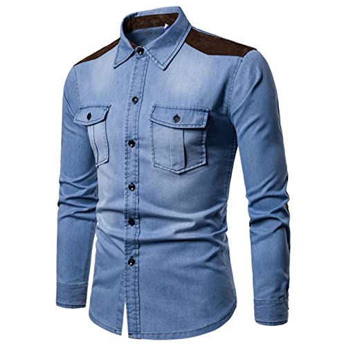 Men's Patchwork Casual camisa de jeans regular botão de ajuste