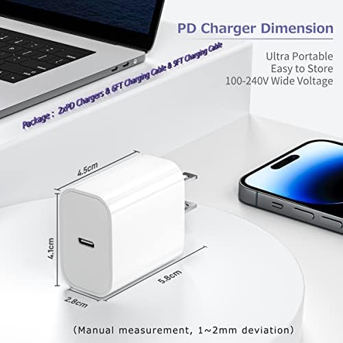 [Apple MFI Certified] iPhone 14 Fast Charger, 2 pacote de 20w PD USB C Carregador de parede rápido