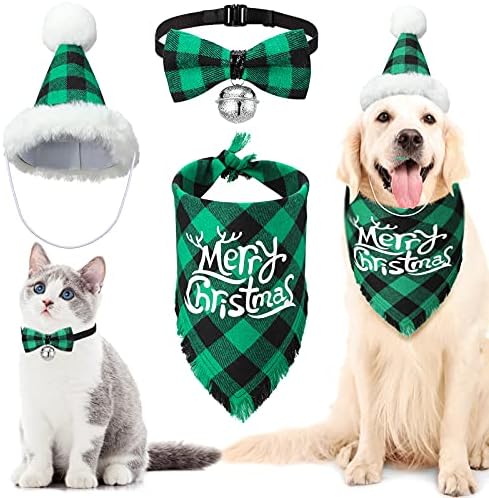3 peças Conjunto de decoração de cães de Natal, 1 búfalo cachorro xadrez bandana cachorro lenço de triângulo
