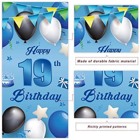 Feliz aniversário de 19 anos Balner azul Balloons Stars Confetti Cheers a 19 anos Decorações de temas da porta