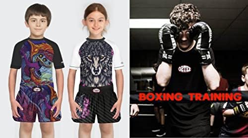 O2Tee Unisex Kids Rash Guarda Muay Thai Shorts para meninos Boxando diariamente multi-esportes