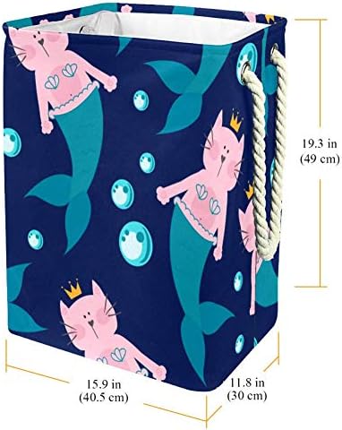 Unicey Cartoon Cat Mermaid and Bubbles Counter lavanderia dobrável com Handles Cesto de lavanderia Cesta