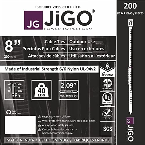 Jigo Cable Zip Ties de 8 polegadas Ties 200 PCs para gerenciamento de cabos Premium nylon grande zíper