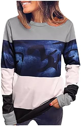Bloco de cores casuais feminino tops de manga comprida Crewneck Sweatshirt Pullover de canto de