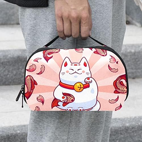 Desenho animado do Japão Lucky Cat Catch Pink Carp Fish Makeup Bolsa de zíper da bolsa de viagem