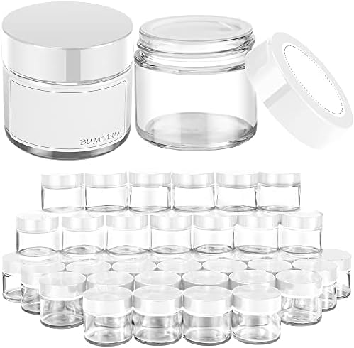 Bumobum 2 oz frascos de vidro com tampas, 48 ​​pacote de recipientes redondos claros com tampas brancas, rótulos