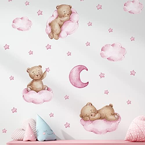 Tedy Bear estrelas da lua nuvem adesivos, decalques de parede rosa para berçário da sala de crianças