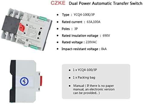 Uncaso YCQ4-100E/3P 63A 100A Power Dual Power Automatic Transfer Switch 220V AC 8Ka DIN ATS Switches