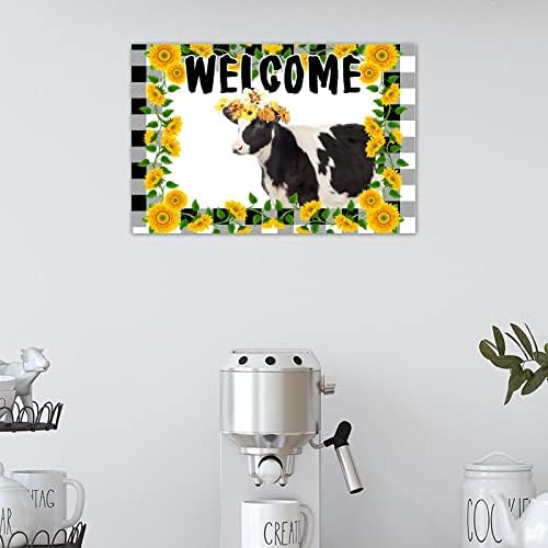 Silyheart Spring Sunflower Cow Welcome Welcome Sinais de madeira Buffalo xadrez grinaldas de girassol búfalo alpendre