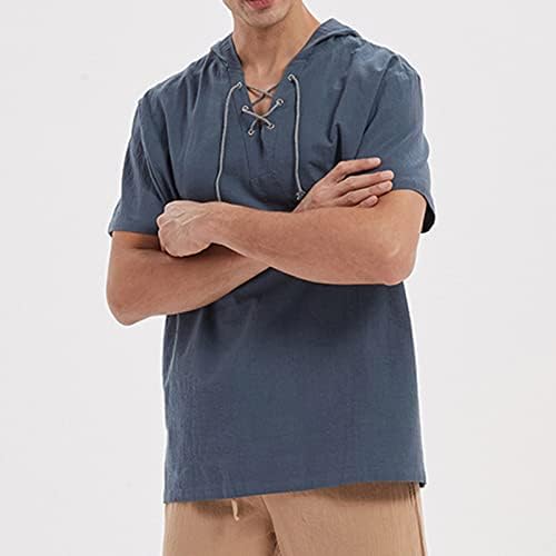 Tampas com capuz masculinas Manga curta Camisas de linho de algodão de cor sólida Camisetas de laço para cima