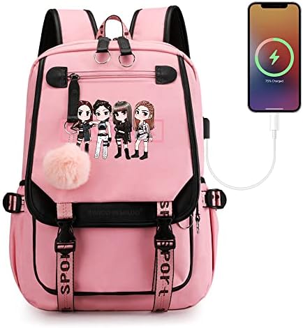 Swico Remado K-pop Laptop Bag Bookbag com carregamento USB e porta de fone de ouvido, preto e rosa