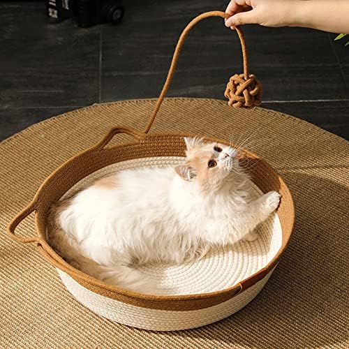 Jiali7sec cor cora de algodão de algodão de gato Cato de gato rede de gato dobrável cesto de ninho de ninho artesanal berço natural cuddler para gatinho estilo fofo com uma bola de corda tocando