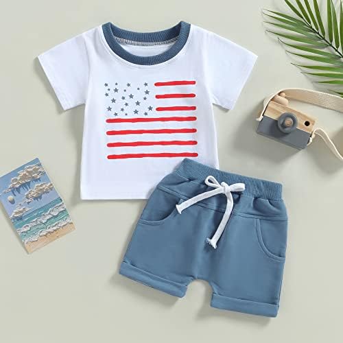 Criança bebê menino 4º de julho Roupa USA Top top e shorts de bandeira americana Conjunto de 2 peças Independence