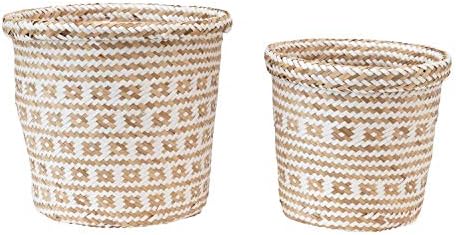 Creative Co-op Padrão de ervas marinhas e papel, natural e branco, conjunto de 2 cestas, 2
