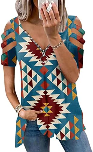 Túnica tops para mulheres tendências de impressão étnica ocidental camisetas sexy pescoço frio vneck blusses zíper
