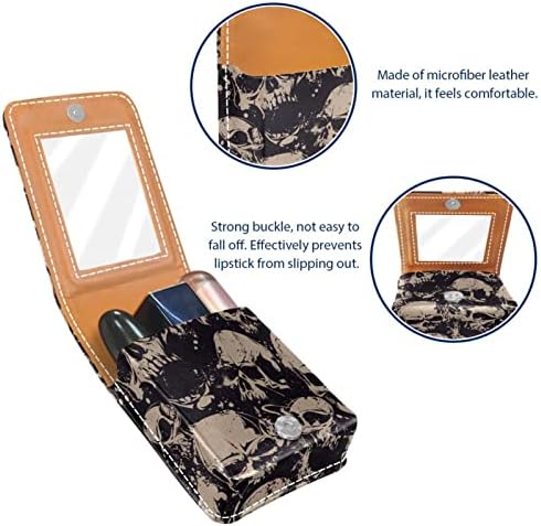 Bolsa de batom de padrão de crânio de Halloween com suporte de batom de espelho para mini bolsa