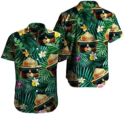 Camisa havaiana engraçada mens Smokey_Bear Sunflower Leaf Surfing Beach Aloha Party Holida Casual Manga curta