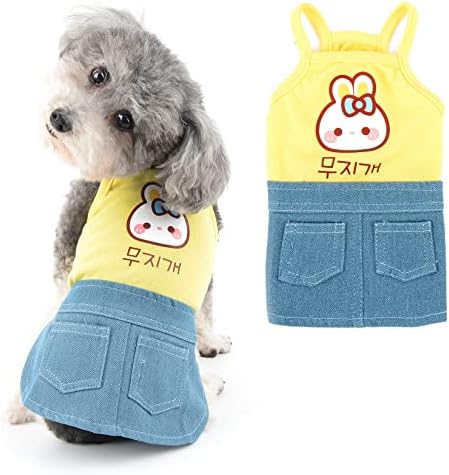 Ranphy Dog Denim Dress for Small Dogs Girl Roupas de estimação fofas com bolsos duplos Cartoon Bunny