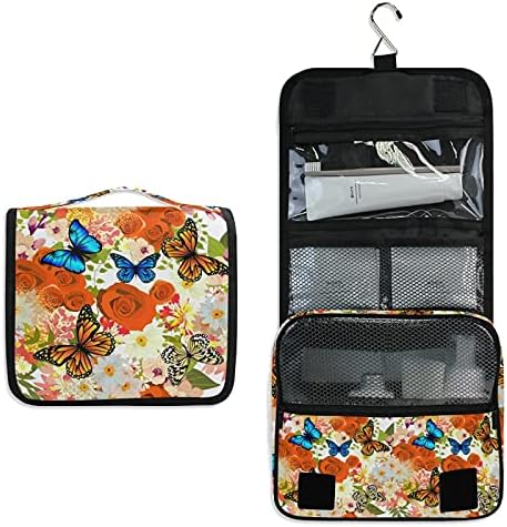 Bolsa de higiene pessoal pendurada Flores de primavera e borboletas Bolsa de viagem de maquiagem para produtos